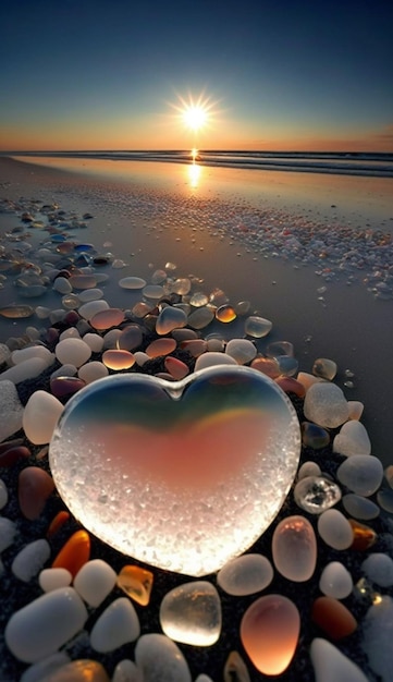 Heart shaped glass object sitting on beach generative ai