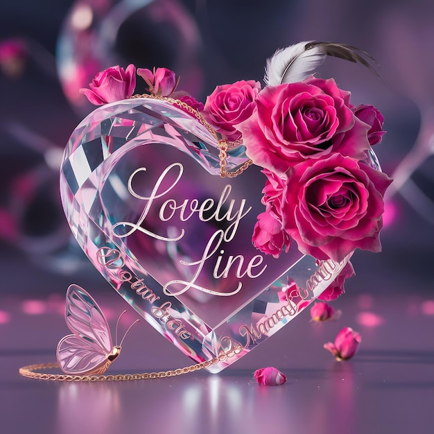 a heart shaped glass with pink roses and a feather in the middle