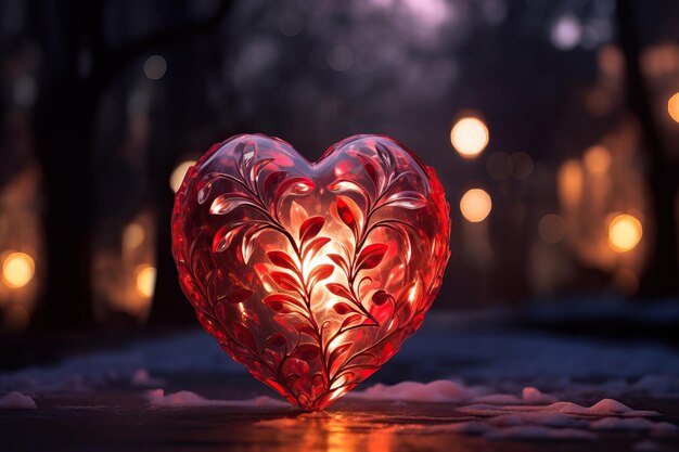 a heart shaped glass with red lights in the style of floral surrealism vray tracing soft dreamy