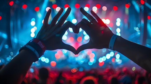 Photo heart shaped hands at a concert loving the artist and the festival music concert with lights