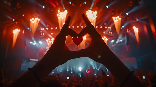 Photo heart shaped hands at a concert loving the artist and the festival music concert with lights