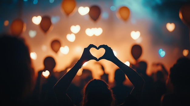 heart shaped hands in a crowd of people holding heart shaped balloons