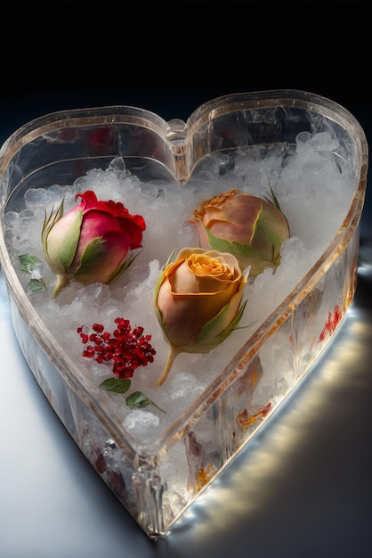 Heart shaped ice box with three roses in it generative ai