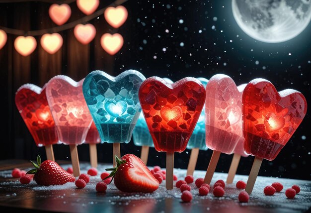 Photo heart shaped ice creams with hearts on them and a full moon behind them