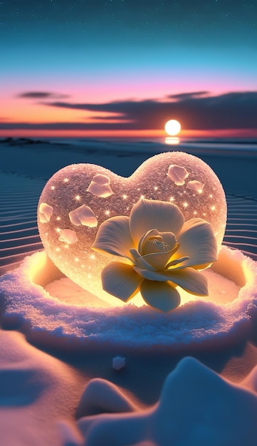 A heart shaped ice sculpture on the beach at sunset.