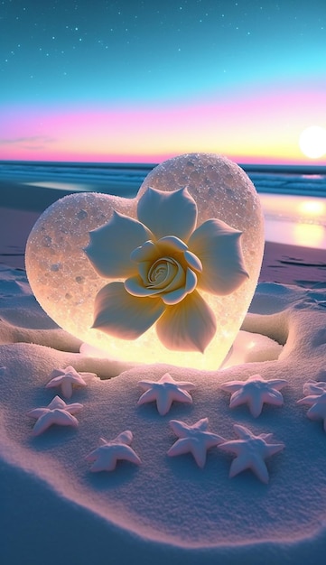 Heart shaped ice sculpture on the beach