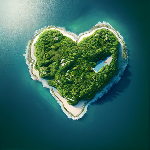 Heart shaped island aerial view I love travel Beach and sea Bird'seye view