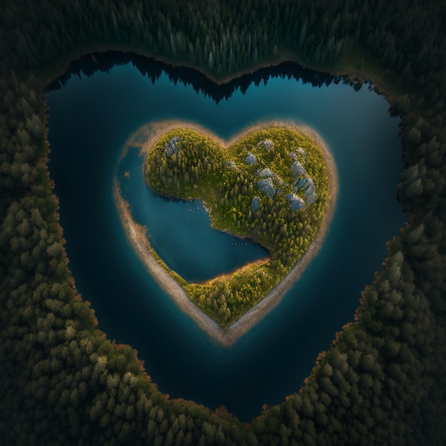 Heart shaped island in nordic forest.