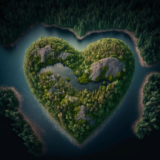 Heart shaped island in nordic forest.