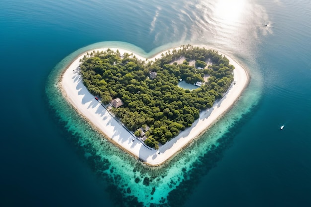 A heart shaped island with palm trees in the shape of a heart