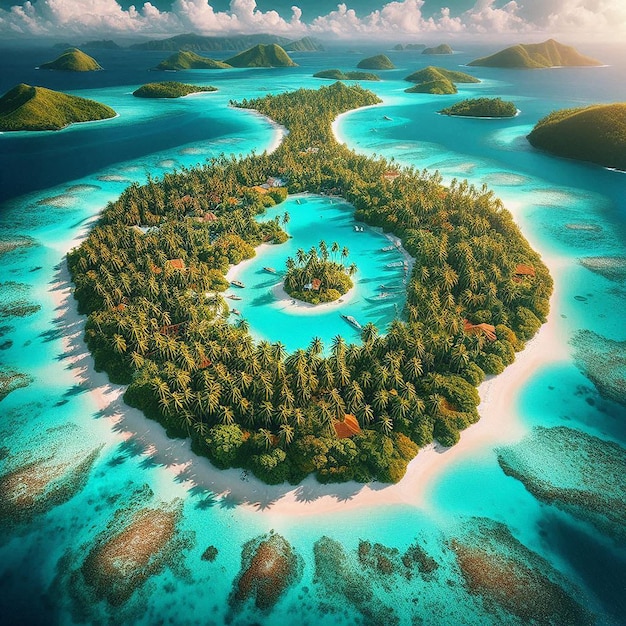 a heart shaped island with trees on the island