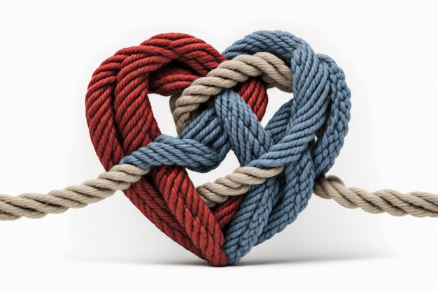 A heart shaped knot in a rope displayed on a white background