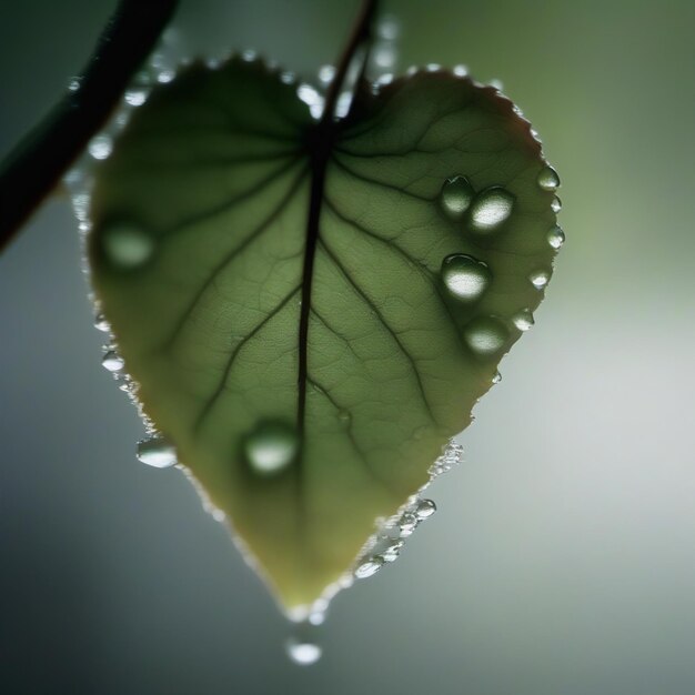 a heart shaped leaf with water drops on it