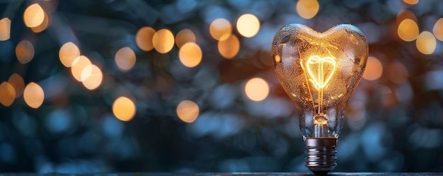 Heart shaped lightbulb glowing with filament lit up on bokeh background