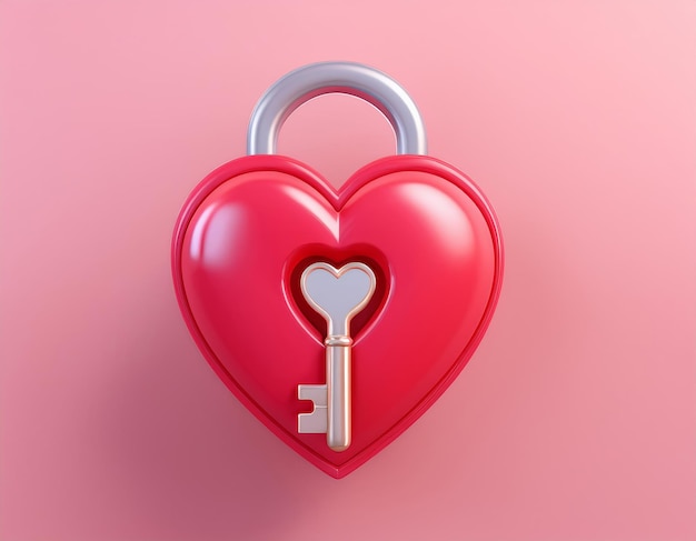 A heart shaped lock with a key in the keyhole 3d illustration