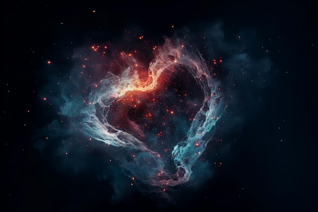 A heart shaped nebula with blue and orange smoke in the center