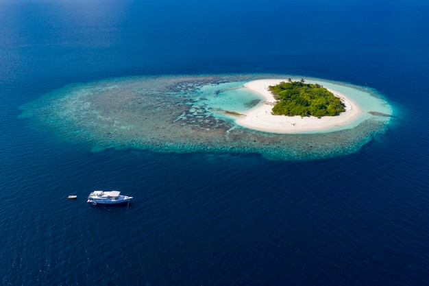 Heart shaped no people island Maldive aerial view panorama landscape