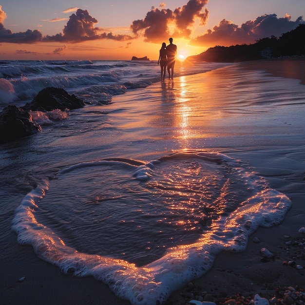 Photo a heart shaped object is on the beach with two people in the background