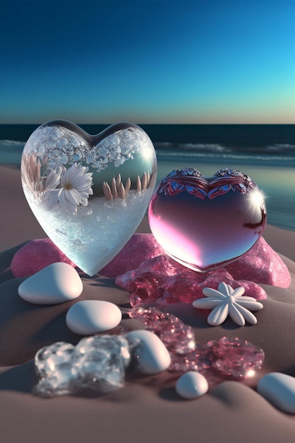 Heart shaped object sitting on top of a sandy beach generative ai