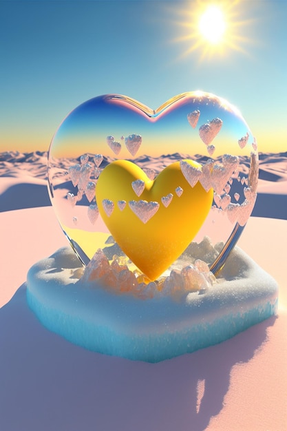 Heart shaped object sitting on top of a snow covered ground Generative Ai