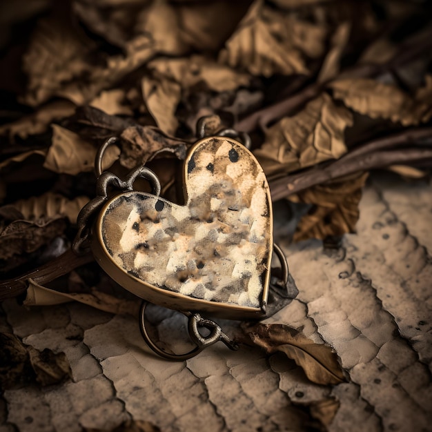 A heart shaped object with a metal frame and a leaf that says'i love you '