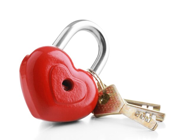 Heart-shaped padlock with key isolated on white