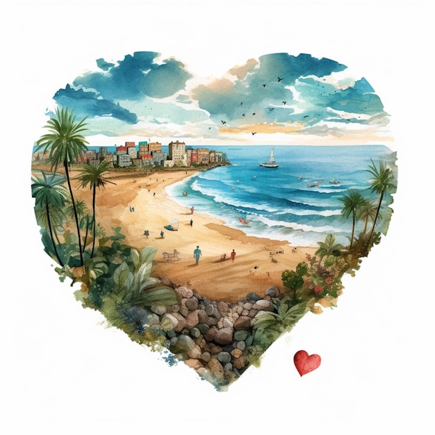 A heart shaped painting of a beach with a beach and a heart shaped picture of a beach.