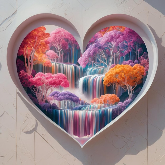 a heart shaped painting of a waterfall with trees and a waterfall in the background