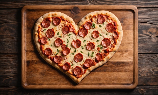 Heart shaped pepperoni pizza on a wooden board