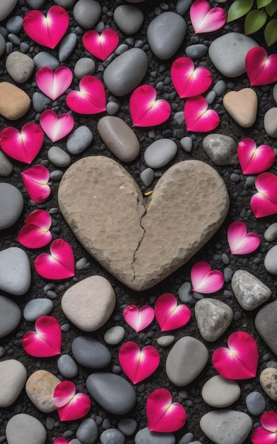 Heart shaped petal on the ground with rocks