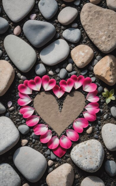 Heart shaped petal on the ground with rocks