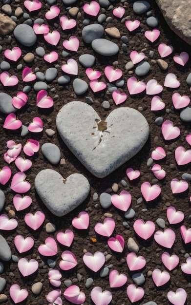 Heart shaped petal on the ground with rocks