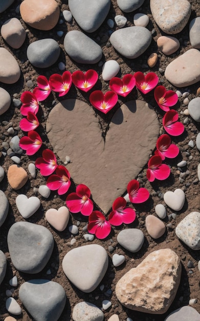 Heart shaped petal on the ground with rocks