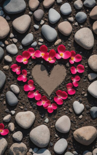 Heart shaped petal on the ground with rocks