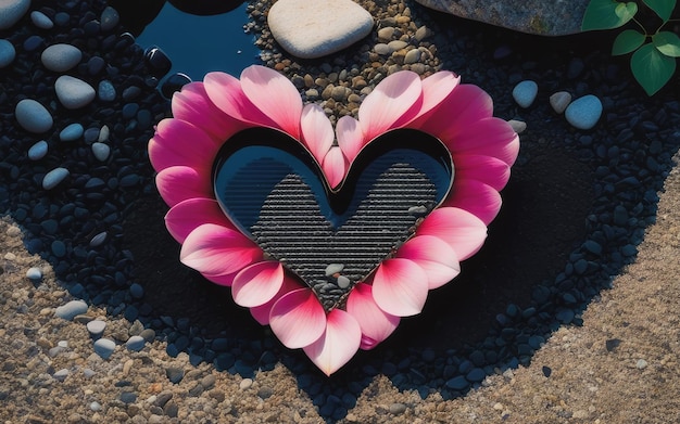 Heart shaped petal on the ground with rocks