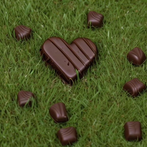 a heart shaped piece of chocolate sits in the grass