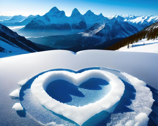 a heart shaped piece of ice with mountains in the background