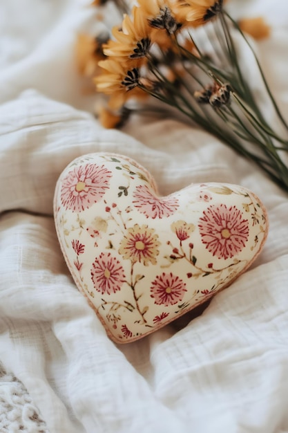 Photo a heart shaped pillow with flowers and a heart on it