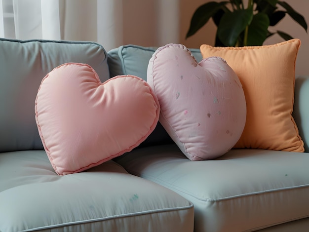 Photo heart shaped pillows on l luxury bed with sofa