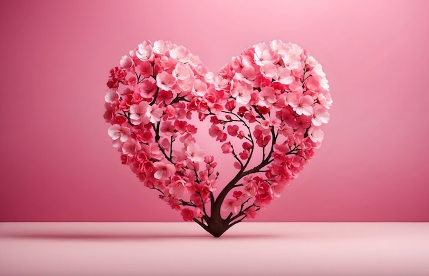 Heart shaped pink cherry blossom on pink floor and wall background