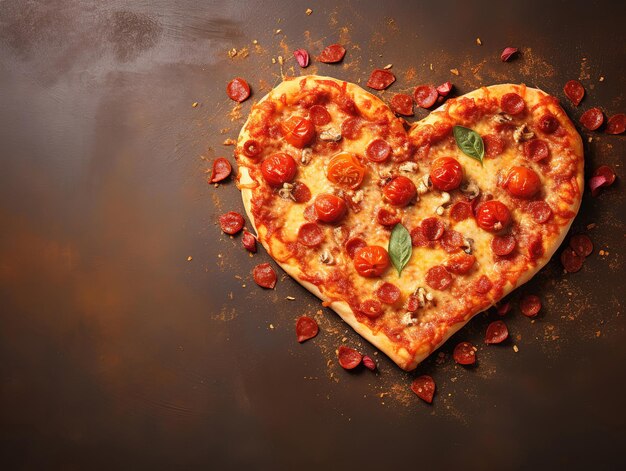 Heart shaped pizza with pepperoni salami and mozzarella on dark background