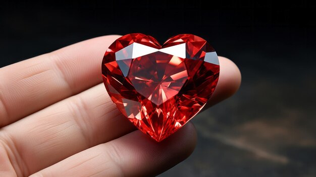 A heart shaped red diamond being held in someone's hand