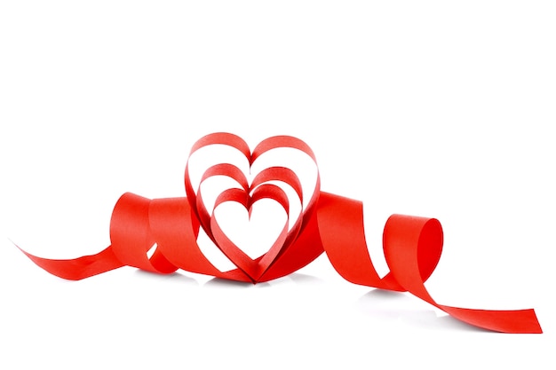 Heart shaped red paper ribbon isolated on white