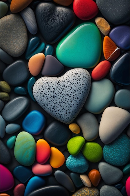 Heart shaped rock surrounded by many different colored rocks generative ai