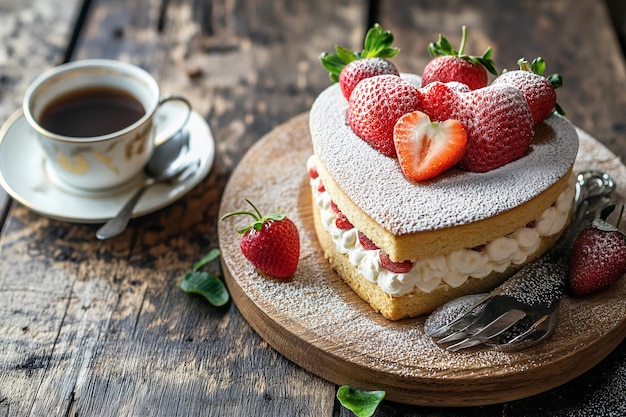 Heart shaped sponge cake with strawberry and cup of coffee