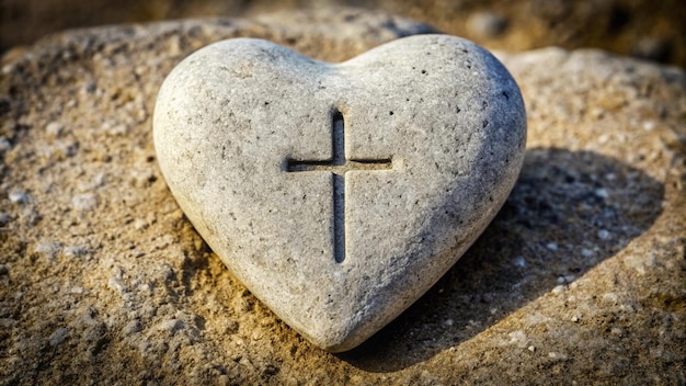 Photo a heart shaped stone with a cross on it