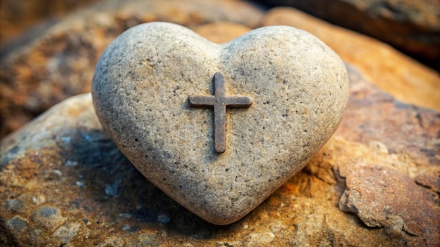 Photo a heart shaped stone with a cross on it