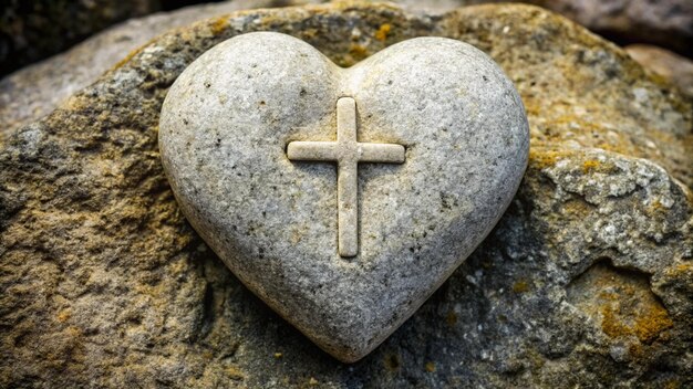 Photo a heart shaped stone with a cross on it