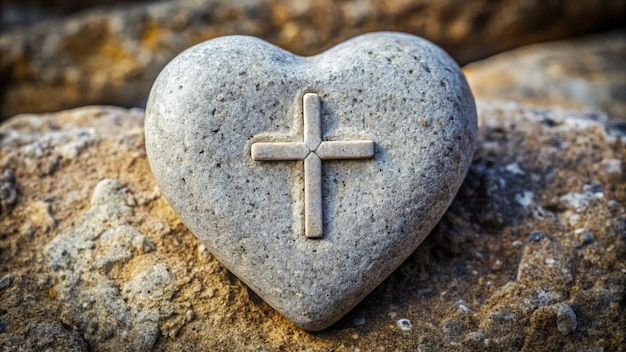 Photo a heart shaped stone with a cross on it