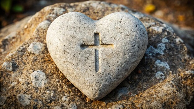 Photo a heart shaped stone with a cross on it